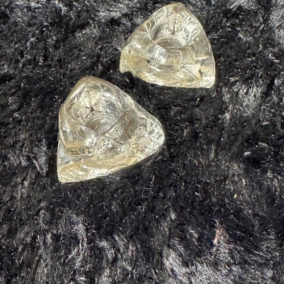 Set of 2 Vintage Ice Cube Triangle Heavy Clear Glass Candle Holder Candlestick - Picture 1 of 6